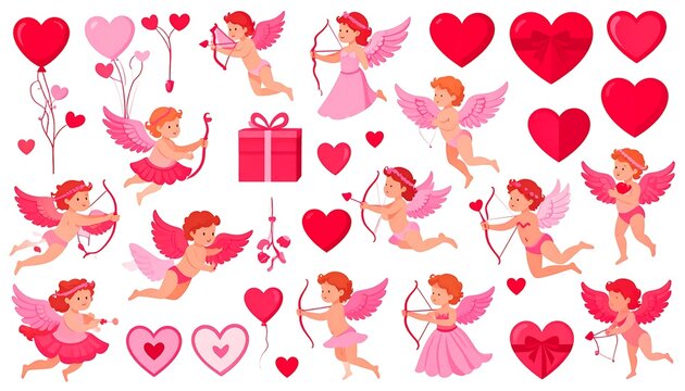 A festive Valentine's Day-themed illustration featuring multiple cherubs in various poses, surrounded by hearts, a gift box, and arrows