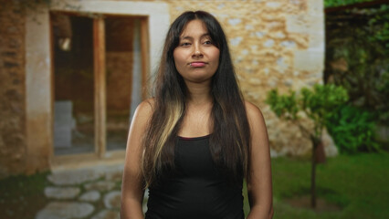 Fototapeta premium Woman with lips pursed and eyes partly closed, lip piercing visible, long brunette hair, standing at a building entrance by a house doorway wearing a black tank top; quiet indifference.