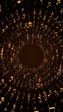 golden music notes flying space tuunnel on dark background animation,song, music and concert stream vertical social media motion background