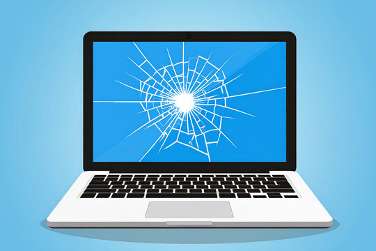 A white laptop with a cracked screen is shown against a blue background. The screen displays a bright white impact point with a spiderweb of cracks radiating outwards.