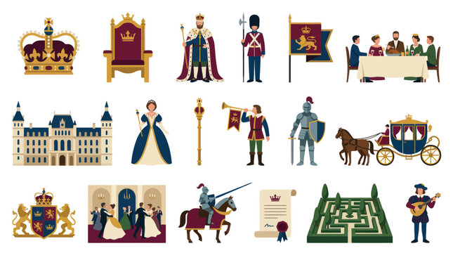 Flat Vector Royalty and Medieval Monarchy Illustration Icons Set with Crown, Castle, King, Queen, Knight, Carriage