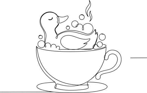 Single line of a rubber duck sitting in a tea cup with bubbles