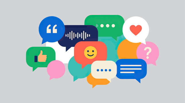 Speech Bubbles Communication Icons: Like, Heart, Question, Smile, Audio Wave