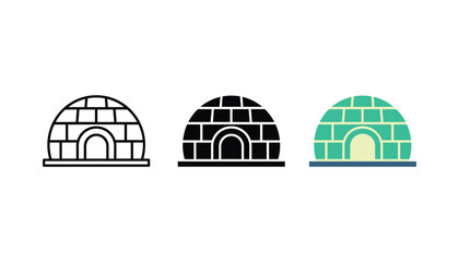 Igloo winter shelter icon set featuring traditional arctic ice block house design in outline solid and colorful flat graphic styles for travel and cold climate concept illustrations and mobile apps © Pure