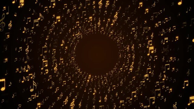 golden music notes flying space tuunnel on dark background animation,song, music and concert stream social media motion background