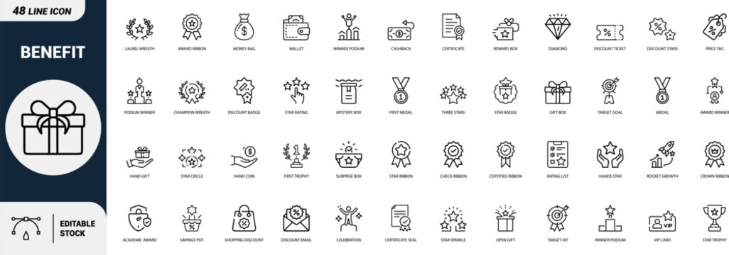 Benefit line art icons set award ribbon, gift box, medal, trophy, diamond, price tag, cashback, certificate, star rating, target goal Web icon, App icon, Outline icon, Editable stroke, line art, Vecto