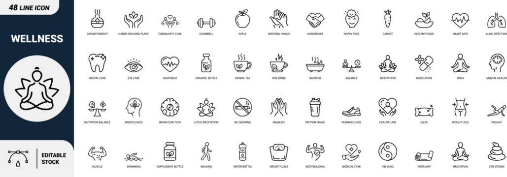 Wellness line art icons set meditation, yoga, dumbbell, apple, heart rate, healthy food, dental care, mental health, weight loss, muscle Web icon, App icon, Outline icon, Editable stroke, line art, Ve