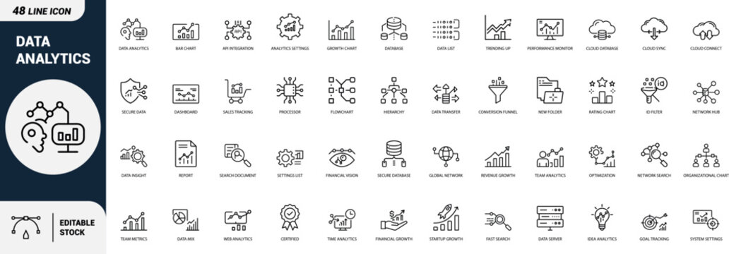 Data analytics line art icons set bar chart, database, growth chart, dashboard, processor, flowchart, network hub, report, global network, data server Web icon, App icon, Outline icon, Editable stroke