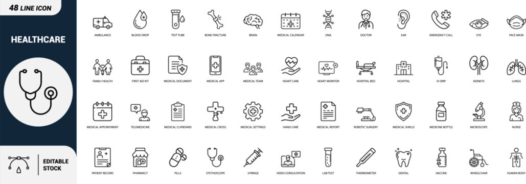 Healthcare line art icons set stethoscope, ambulance, doctor, hospital, syringe, pills, vaccine, wheelchair, DNA, brain Web icon, App icon, Outline icon, Editable stroke, line art, Vector EPS
