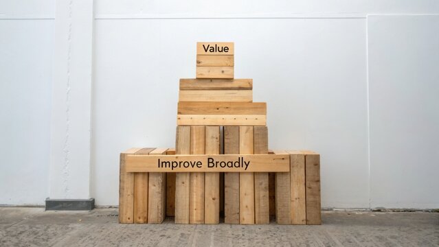 Wooden blocks stacked with messages of value and improvement on a simple background in a modern minimalistic setting