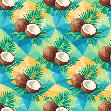 Low Poly Tropical Coconut Seamless Pattern Background
