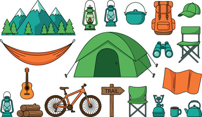 Outdoor camping and hiking adventure vector icon set with a green tent mountain landscape hammock bicycle backpack lantern chairs map and campfire gear © Lili Begum