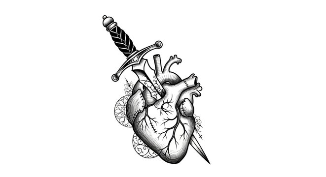 Anatomical heart pierced by a sword with decorative elements.