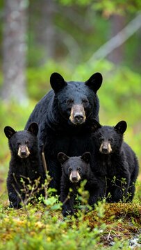 A family of black bears walk through a forest
