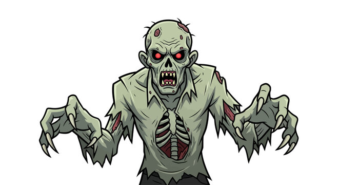 Menacing zombie character reaching out with terrifying red eyes.