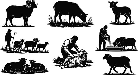 Black and white vector silhouettes of sheep farming with shepherds flock rams and grazing lambs © MdMahedi