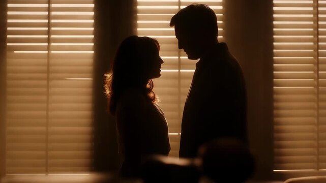 Silhouette of loving young couple standing close face to face in dim room against window blinds with warm sunlight, concept of romantic relationship