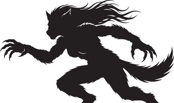 Werewolf silhouette vector, female lycanthrope monster running, aggressive mythical wolf creature, black horror character isolated on white