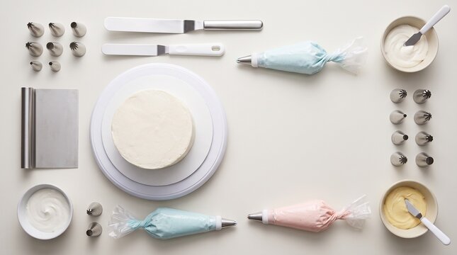 Cake decorating tools flat lay, piping bags and spatulas arranged around blank cake with square copy space
