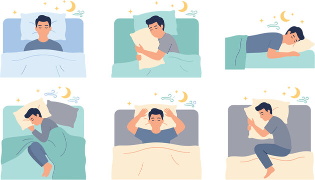 Man sleeping in bed vector character pose set showing different sleep positions back side fetal stomach and hugging pillow illustrations