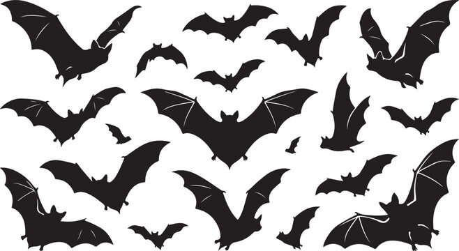 Black bat silhouettes set, flying vampire bats collection for Halloween decor, spooky nocturnal animal vector icons on white background