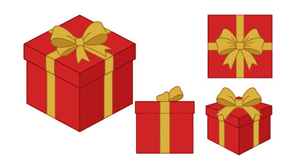 Fototapeta premium Collection of red gift boxes with gold ribbons and bows in various isometric and flat perspectives