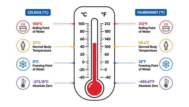 Comparison chart of celsius and fahrenheit scales showing boiling with illustrates thermometer diagram fahrenheit temperature