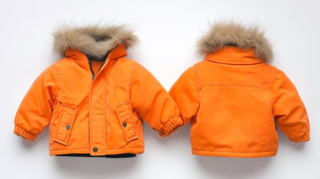 Two vibrant orange jackets designed for children hang against a clean background. The fur-lined hoods add warmth and charm, making them perfect for cold weather adventures