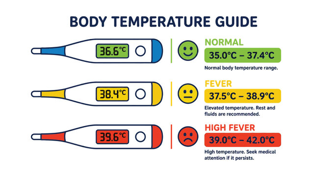 Medical body temperature guide chart illustrating normal health fever and high fever ranges using digital thermometer icons