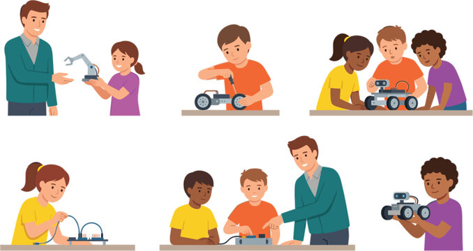 Stem education vector illustration set featuring diverse kids building coding and engineering robots with help from a teacher classroom mentor