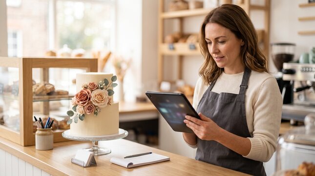 Bakery owner managing cake order on tablet, small business portrait with finished dessert and left-side copy space