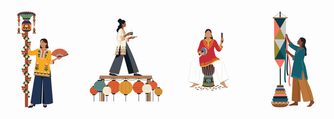Fototapeta premium Set of Indian women in ethnic outfits celebrating traditional festivals and culture, featuring music, lanterns, and folk decorations in flat illustration style.