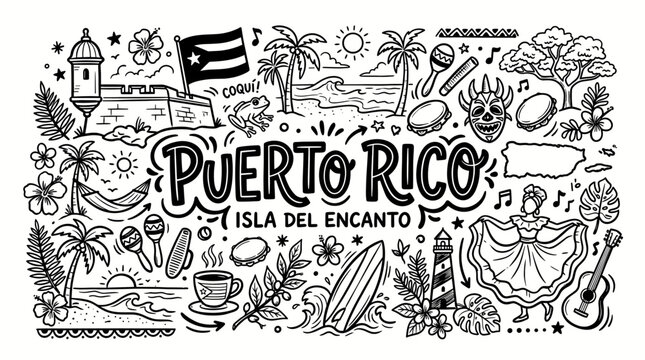Puerto Rico Island Travel Poster in Black and White Hand Drawn Doodle Style
