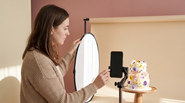 Food stylist photographing decorated cake with smartphone, professional content creation and social media workspace
