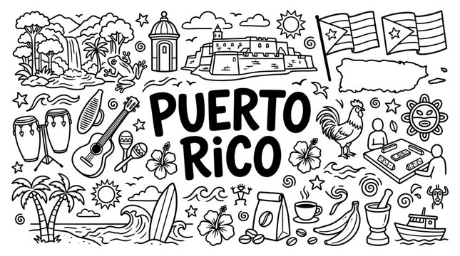 Puerto Rico Island Travel Poster in Black and White Hand Drawn Doodle Style