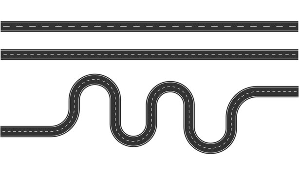 Wavy road with winding curves and horizontal path. Horizontal asphalt road template. Top view of race track and highway. 