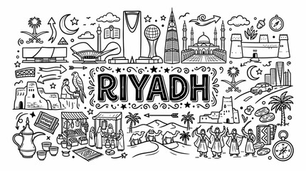 Obraz premium Riyadh Saudi Arabia Travel Icons in Black and White Hand Drawn Doodle Style