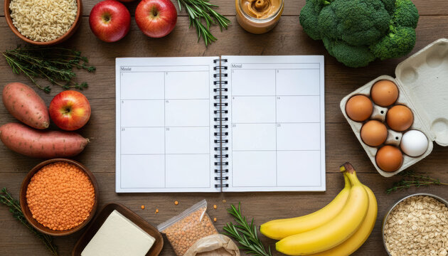 Healthy food meal planner fresh vegetable fruit egg sweet potato lentil rice banana apple broccoli tofu peanut butter