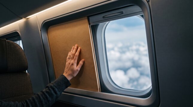 Passenger hand closing airplane window shade during a flight above clouds