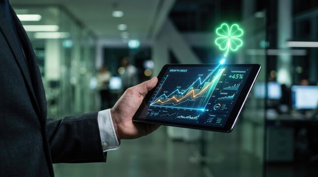 Financial growth concept with tablet and lucky clover hologram