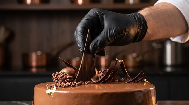 Chocolate shard cake decoration, gloved hand placing tempered garnish in dramatic selective-focus close up