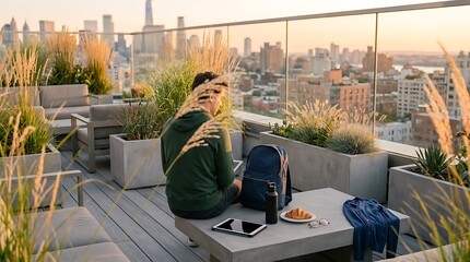 Fototapeta premium Rear view of man with backpack sitting on modern city rooftop terrace with breakfast