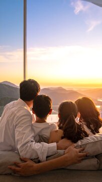 A family of four sits together on a couch, gazing out at a serene landscape