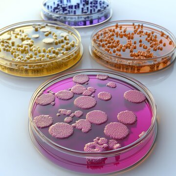 Colorful petri dishes with diverse bacterial cultures for scientific study and research.