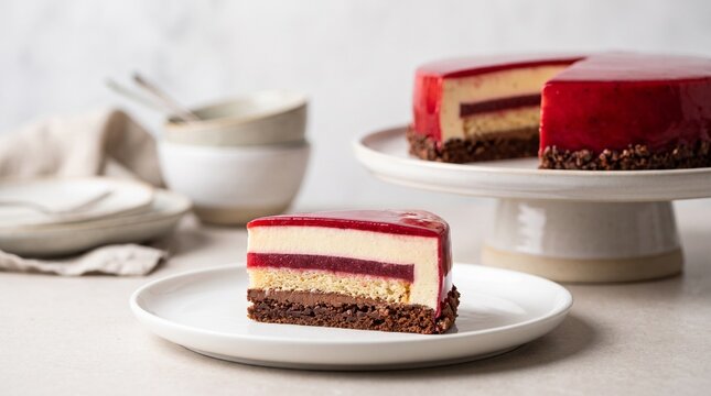 Layered mousse entremet and slice, refined pastry cross section with fruit gel and left-side copy space