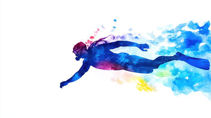 Fototapeta premium Watercolor diver gracefully swims through vibrant splashes of color, embodying essence of underwater exploration and adventure