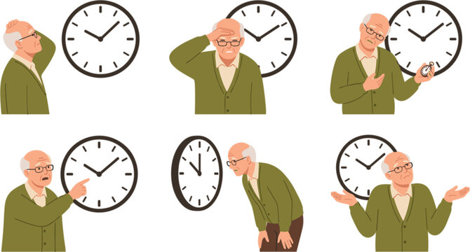 Elderly man confused by time vector character set featuring wall clock pocket watch memory loss dementia and senior aging concepts