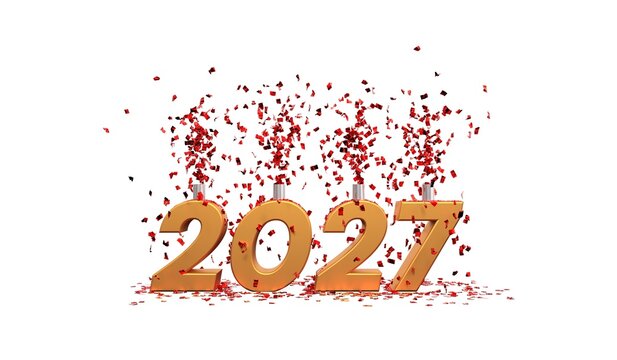 2027 New Year greeting card with gold 3D numbers and exploding red confetti isolated on white background