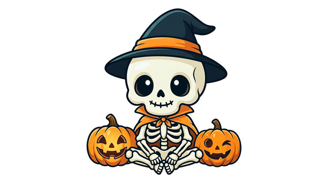 Cute skeleton wearing witch hat with pumpkins isolated on transparent background design for Halloween. Ai Generated