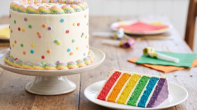 Colorful layered cake and slice, six bright sponge layers with elegant white frosting in horizontal composition